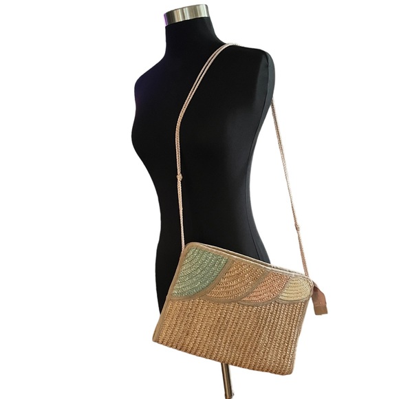 Vintage 70s double sided art straw handbag hand painted floral pastel - Picture 4 of 16